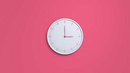 White wall clock isolated on pink background. 3D rendering illustration.