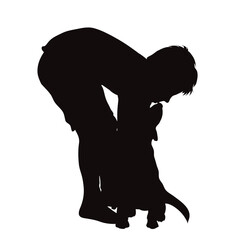 Vector silhouette of boy with his happy dog on white background.