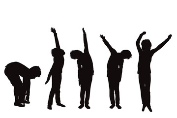 Vector silhouette of set of boys in different positions on white background.