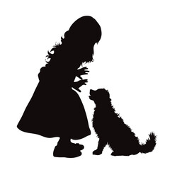 Vector silhouette of girl with her happy dog on white background.