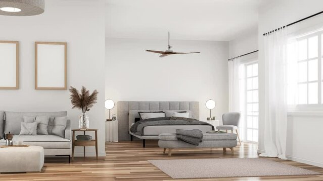 Animation of modern style white bedroom and living room3d render The room has a parquet floor decorated with light gray fabric furniture and translucent white curtains