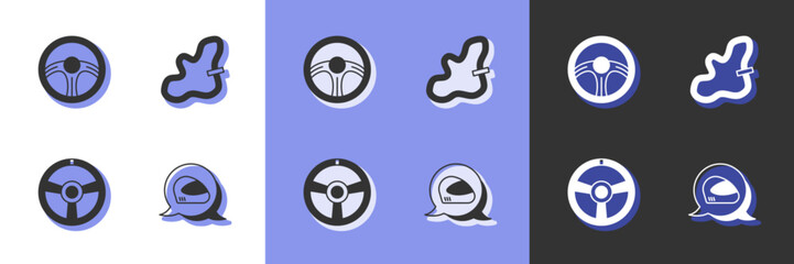 Set Racing helmet, steering wheel, and track icon. Vector