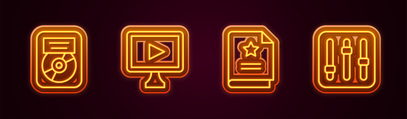 Set line CD disk award in frame, Online play video, Scenario and Sound mixer controller. Glowing neon icon. Vector