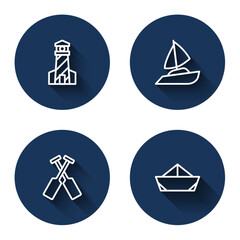 Set line Lighthouse, Yacht sailboat, Crossed oars or paddles and Folded paper with long shadow. Blue circle button. Vector
