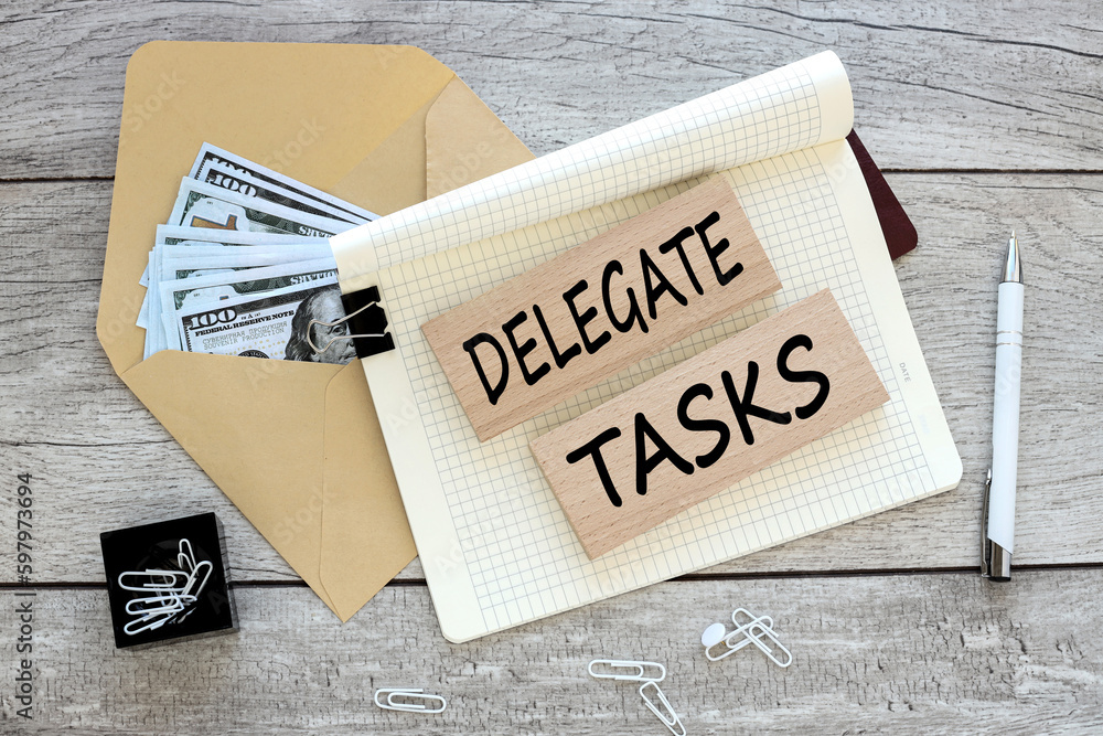 Poster delegate tasks text on an envelope with money
