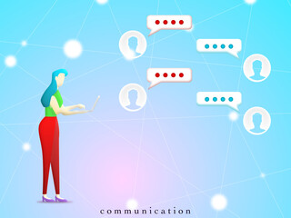 Woman working on laptop and chatting People. Business person contact to company about work.  Illustration 3D for content communication online media. Business female on online network. Communicate 