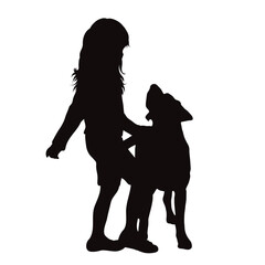 Vector silhouette of girl with her happy dog on white background.