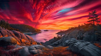 A colorful sunset over a body of water. AI generative image.