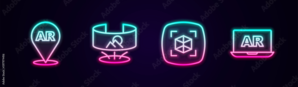 Poster set line augmented reality ar, 360 degree view, 3d modeling and . glowing neon icon. vector