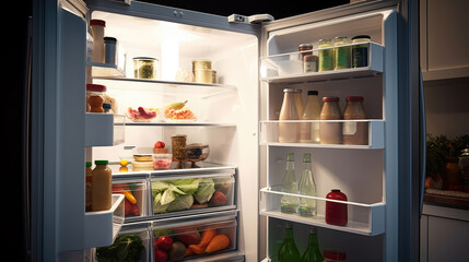 Open Refrigerator Full Of Juice And Fresh Vegetables. Generative AI