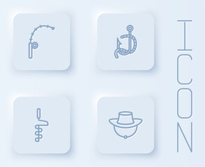 Set line Fishing rod, hook and worm, Hand ice drill and Fisherman hat. White square button. Vector