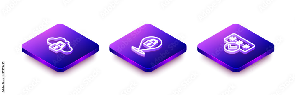Poster set isometric line cloud computing lock, lock and password protection icon. vector