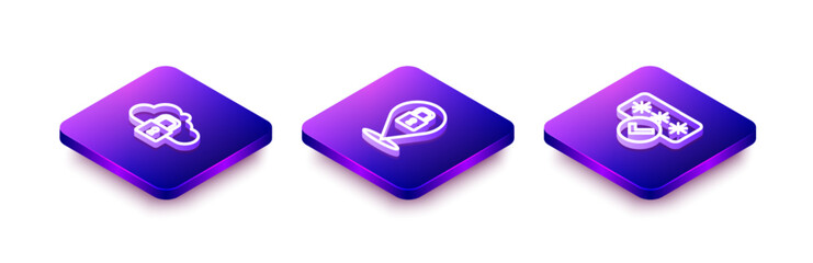 Set Isometric line Cloud computing lock, Lock and Password protection icon. Vector