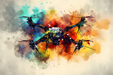 Abstract AI Drone Quadcopter Background Polygon Multicolor Ink. Created by Generative AI
