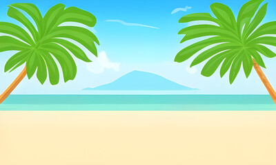 Fototapeta na wymiar Cartoon summer beach. Paradise nature vacation, ocean or sea seashore. Seaside landscape, tropical beach relax or seaside landscape.