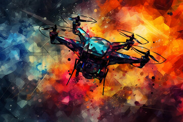 Abstract AI Drone Quadcopter Background Polygon Multicolor Ink. Created by Generative AI