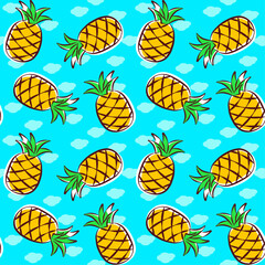 Fototapeta premium Decorative colorful pineapple, seamless vector pattern, yellow fruit on blue background, summer prints, wallpaper, textile.
