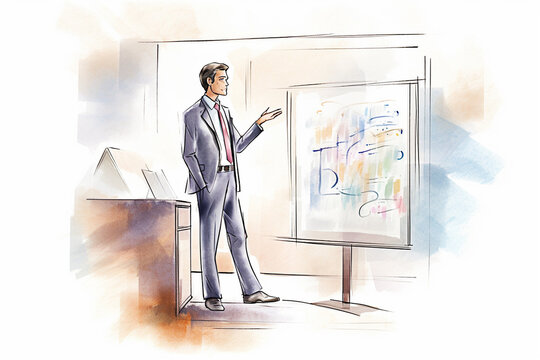 Illustration of a businessman giving a presentation on a whiteboard. Generative AI