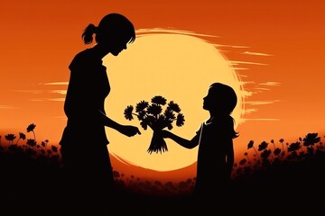 A Mother's Day Love: Celebrating the Unconditional Bond Between a Mom and Her Child with a Heartwarming Illustration Featuring Flowers and Simple Shapes on a Black and White Background. Generative Ai