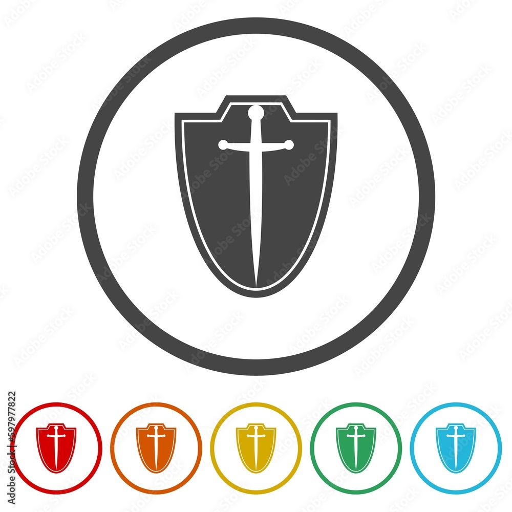 Poster shield and sword logo. set icons in color circle buttons