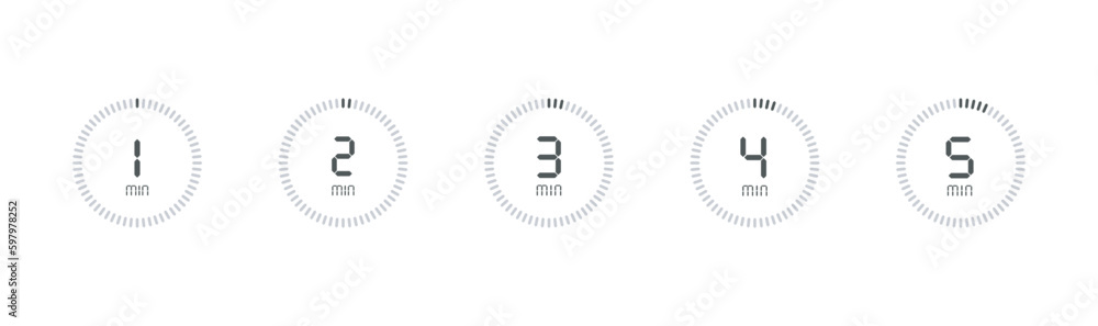 Wall mural timer, 1, 2, 3, 4, 5 min.stopwatch isolated set icons.countdown timer symbol icon set.vector illustr