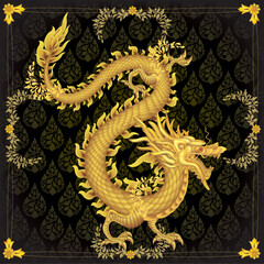 The golden dragon is framed by a golden calligraphy on the calligraphy background.