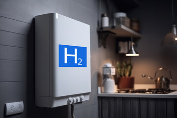 White combi boiler on kitchen wall with H2 Hydrogen ready concept. Generative AI.