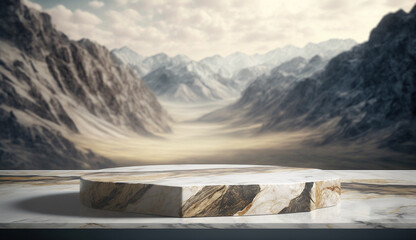 marble stone podium in the desert with mountains in the background, generative ai