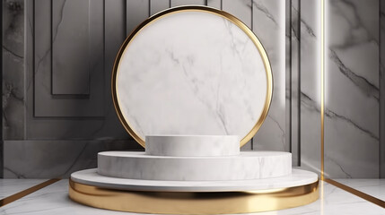 podium for product display with gold frame background, generative ai