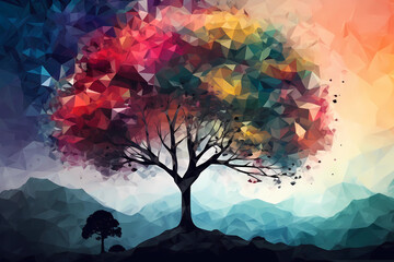 Abstract AI Tree Background Polygon Multicolor Ink. Created by Generative AI