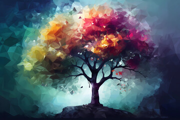 Abstract AI Tree Background Polygon Multicolor Ink. Created by Generative AI