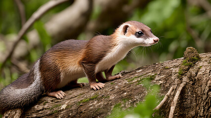 closeup of wild weasel Mustela putorius walking on a tree trunk, generative AI