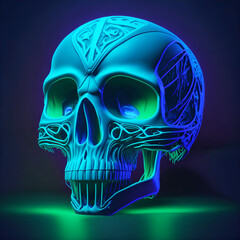 skull 3D Illustration with Ornamental tribal neon style