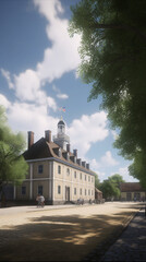 Colonial Williamsburg in Virginia America, detailed illustration of a large house farmhouse hotel in America