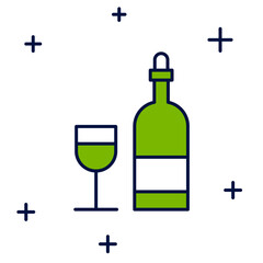 Filled outline Wine bottle with glass icon isolated on white background. Vector
