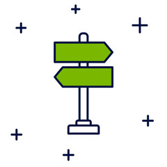 Filled outline Road traffic sign. Signpost icon isolated on white background. Pointer symbol. Isolated street information sign. Direction sign. Vector