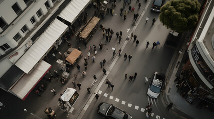 A birds-eye view of a bustling city street with traffic and pedestrians below, generative AI