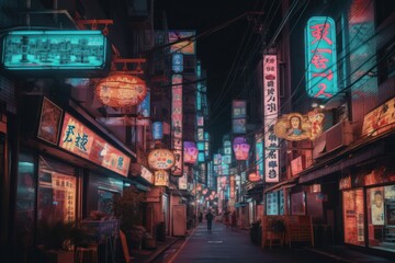 Fototapeta na wymiar Tokyo Cyberpunk Street Scene, Vintage Tokyo Cyberpunk Poster Retro Design