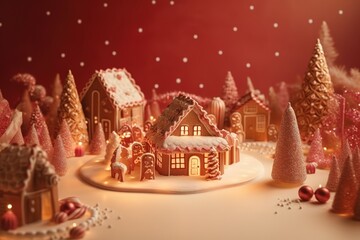Fototapeta na wymiar Realistic table decorated, Gingerbread house, generative AI