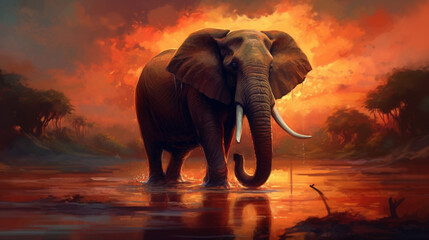 Fototapeta na wymiar An elephant in the water at sunset. Generated AI