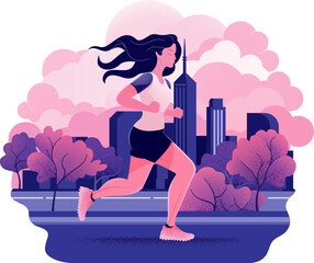 A woman character runner running or jogging to keep fit in a city with cityscape skyline in the background. Exercise fitness illustration