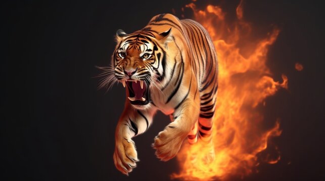 A very fierce tiger jumping up and down, roaring, strong sense of camera, chains, background flames, red and yellow tones, realistic, full body shot, 8K, superb detail, wallpaper, Generative AI