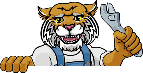 A wildcat cartoon animal mascot plumber, mechanic or handyman builder construction maintenance contractor peeking around a sign holding a spanner or wrench