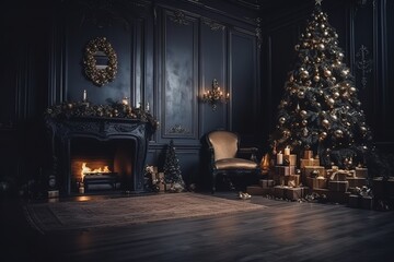 Obraz premium luxury interior xmas,glowing tree, fireplace, generative AI