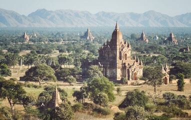 Fototapeta na wymiar Temples of Bagan, ancient city and UNESCO World Heritage Site, color toning applied, Myanmar.