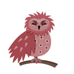 Owl on a branch. Cute cartoon character. For a greeting card. Flat vector illustration isolated on white background. 