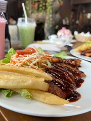 Cafe food in Chiangmai Thailand Steak and drink