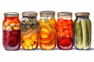 Fototapeta na wymiar jars of canned vegetables on a white background, watercolor - AI
