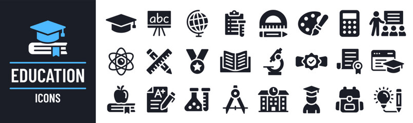 Education icon set. Containing study, graduation, student, knowledge, learning, school and stationery icons. Solid icon set. Vector illustration. - obrazy, fototapety, plakaty