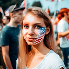 Portrait of a girl with a painted American flag on her face. Peaceful demonstration for the rights and freedoms of citizens.